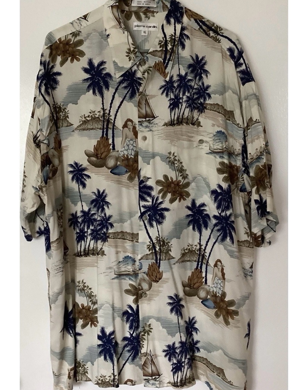 Pierre Cardin Cream Hawaiian Shirt with Blue & Brown Tropical Print